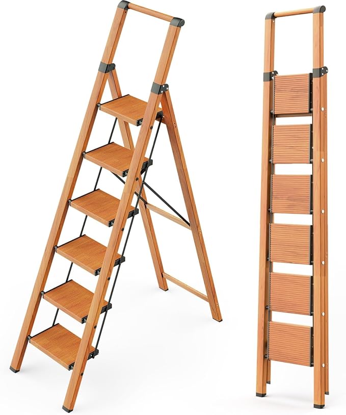 WOA WOA 6 Step Ladder, Folding Ladder with Handrails for High Ceilings, Indoor Tall Ladders with Wide Pedals, Lightweight Aluminum Stepladder for Home 300lbs - Wood Grain