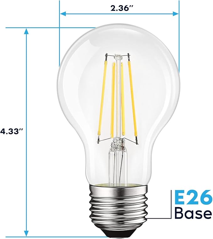 LUXRITE Vintage A19 LED Light Bulbs 60W Equivalent, 5000K Bright White Dimmable, 800 Lumens, Standard LED Edison Bulb 8W, UL Listed, E26 Base (6 Pack)