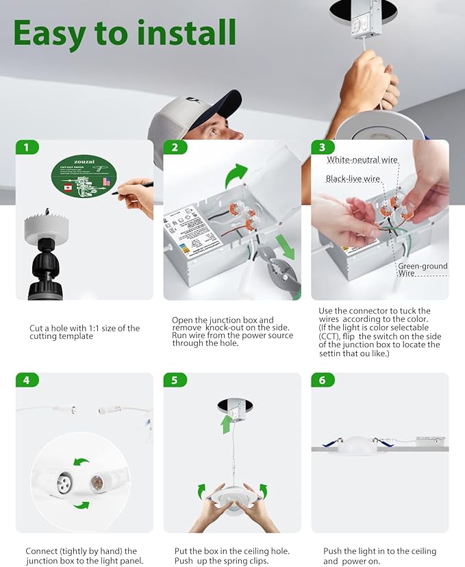 zouzai 4 inch 5CCT Gimbal Led Recessed Lights, 360°+90° Adjustable Directional Recessed Lighting, 2700K/3000K/3500K/4000K/5000K Dimmable Retrofit Eyeball Can Lights with Jbox, ETL(White, 6 Pack)