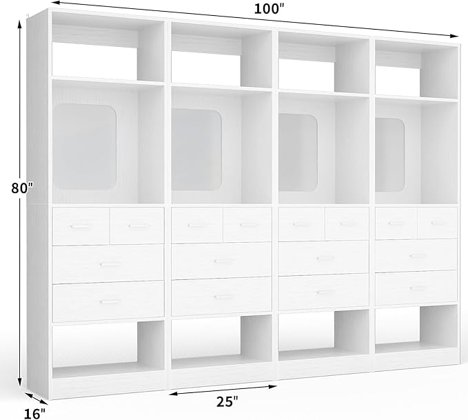 Unikito 100 Inch Closet System with Drawers, 8FT Wood Closets Organizer with Mirror Design, Freestanding Heavy Duty Walk in Closet Tower for Bedroom, Max Load 2000 LBS, Easy Assembly, White