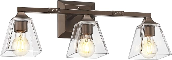 Farmhouse Bathroom Light Fixtures, HWH 3-Light Vanity Light Fixture Over Mirror, Industrial Wall Sconce Lighting with Square Bell Glass Shade, Oil-Rubbed Bronze Finish, 5HY68B-3W ORB
