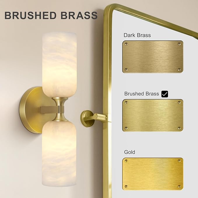 Alabaster Wall Sconces Set of Two, 14in Modern Spanish Natural Marble Bathroom Vanity Sconces, Brass Alabaster Sconce Wall Lighting, Gold Wall Light Fixtures Decor for Bedroom Living Room Staircases