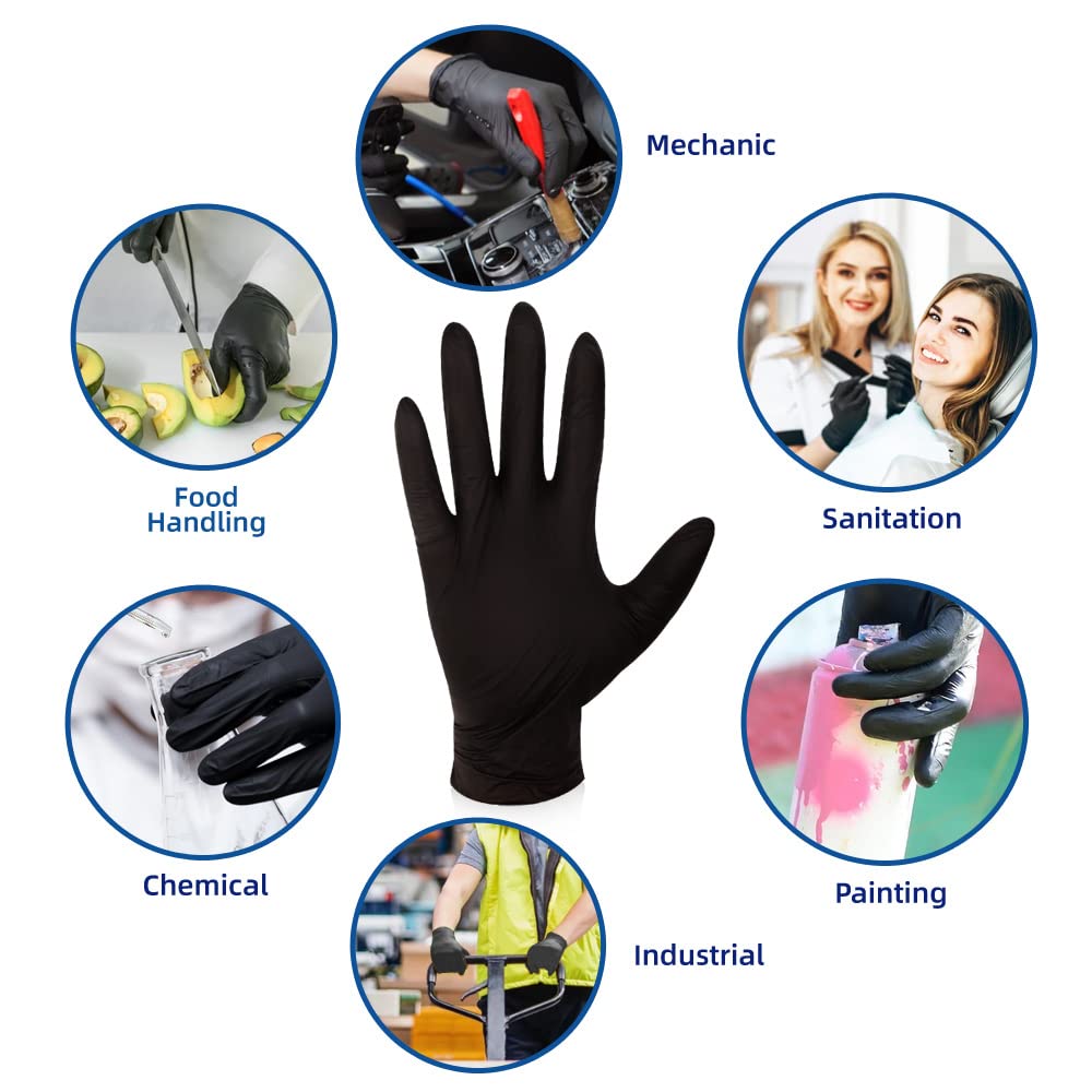 KKD Nitrile Gloves Disposable 100 Count 5.5 Mil Latex Free & Powder Free Gloves For Cooking, Cleaning, Insdustrial and Salon Use, Black, Large