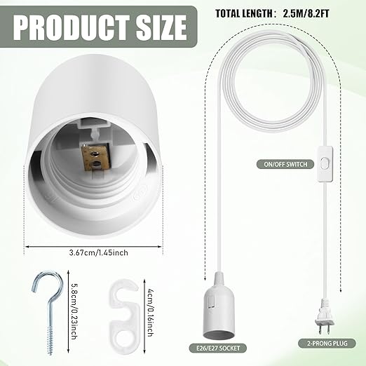 24 Pcs Light Bulb Socket 8.2Ft Extension Hanging Lantern Cord Cable Lamp Cord with Switch E26/E27 Pendant Light Socket for Kitchen Bedroom Restaurant