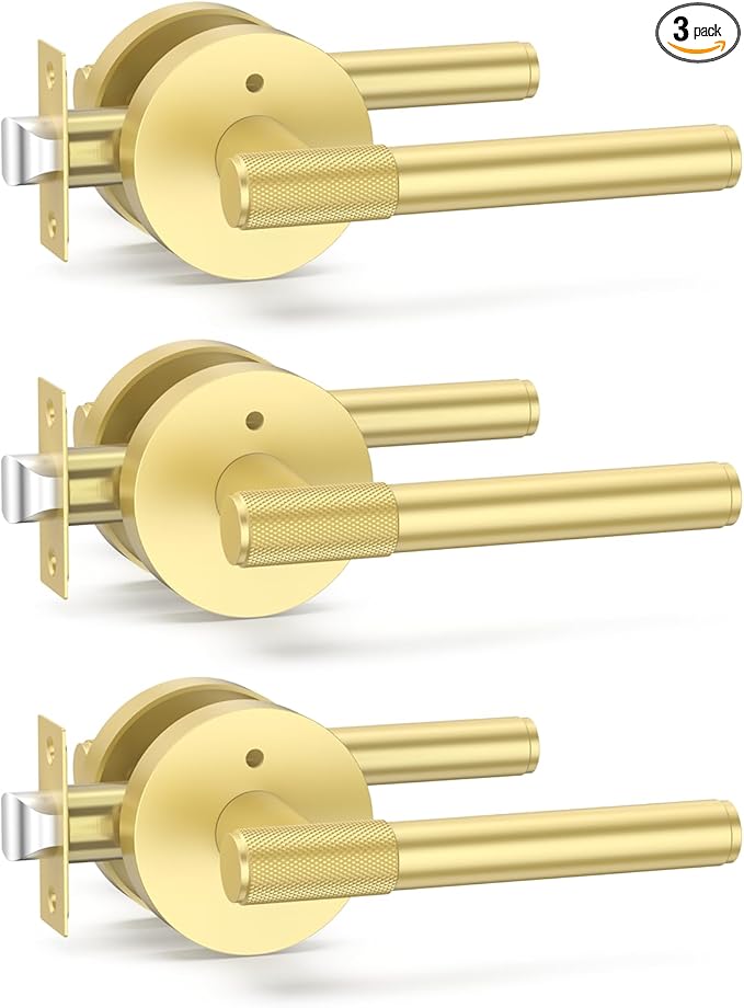 Amerdeco 3 Pack Brushed Gold Door Handles Interior, Knurled Privacy Door Handles with Lock,Gold Door Lever for Bedroom or Bathroom,Reversible Keyless for Left Right Handed Doors AM0027