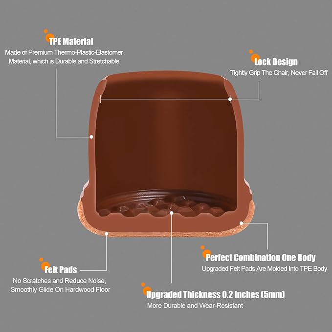 Ezprotekt 24 Pcs Square Chair Leg Floor Protectors with Felt, Silicone Felt Furniture Pads Cups for Hardwood Floor, Dining Table Leg Caps Covers No Scratches (L Fit: 1" to 1.4", Brown)