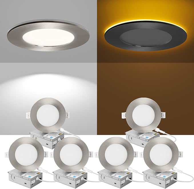 ZYC Recessed Lighting 4 Inch - 9W 800LM LED Recessed Ceiling Light with Night Light,5CCT 2700K-6000K Selectable Ultra-Thin Lighting,Dimmable Canless Wafer Downlight,Pack of 6（Brushed Nickel）.