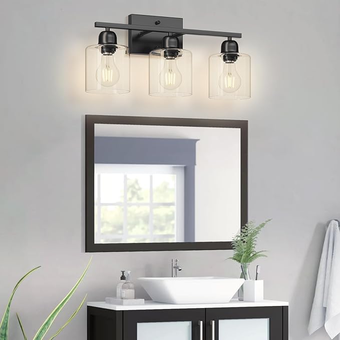 Modern 3 Light Bathroom Light Fixtures, 19 inch Black Vanity Lights for Bathroom with Clear Glass for Mirror Kitchen Living Room Hallway Cabinet Porch