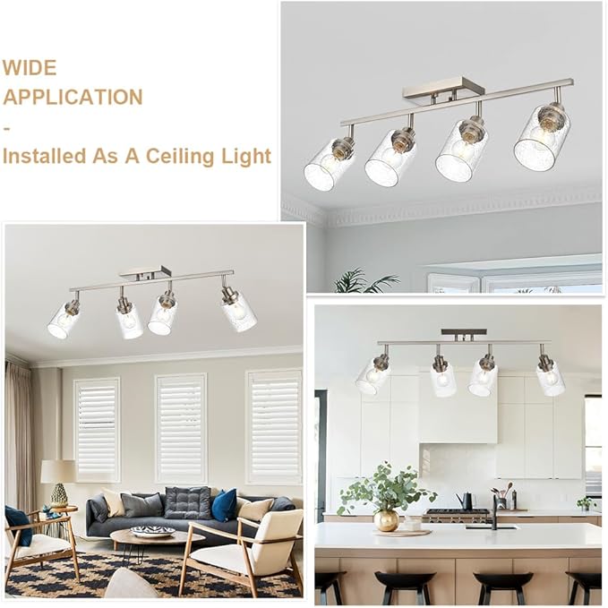 4-Light Track Lighting Fixtures, Rotatable Track Head Bathroom Vanity Light Ceiling Spotlight Brushed Nickel, Seeded Glass Shades