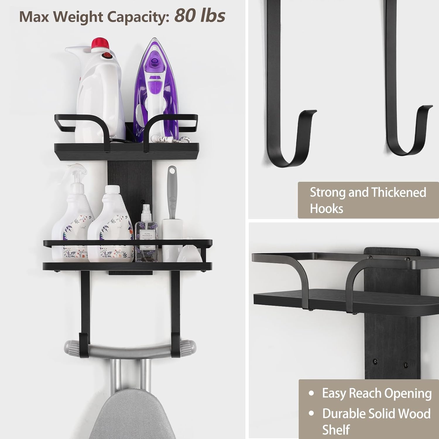 VINAEMO Ironing Board Hanger Wall Mount, 2-Layer Iron and Ironing Board Holder, Laundry Room Shelves Solid Wood with Removable Hooks Home Organization and Storage