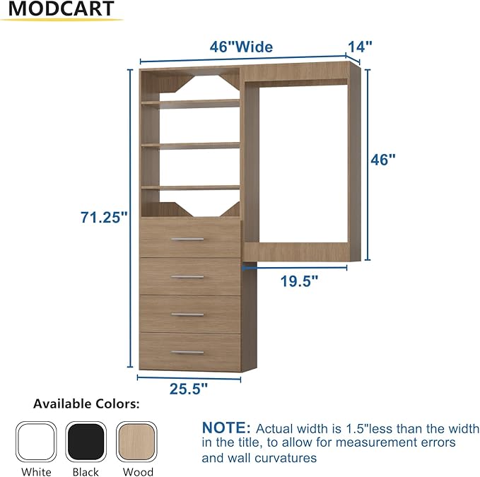 Modular Closet Organizer, 46" Wide Tower and Drawer Closet System, Wooden Wall Mounted Wardrobe Organizer for Bedroom