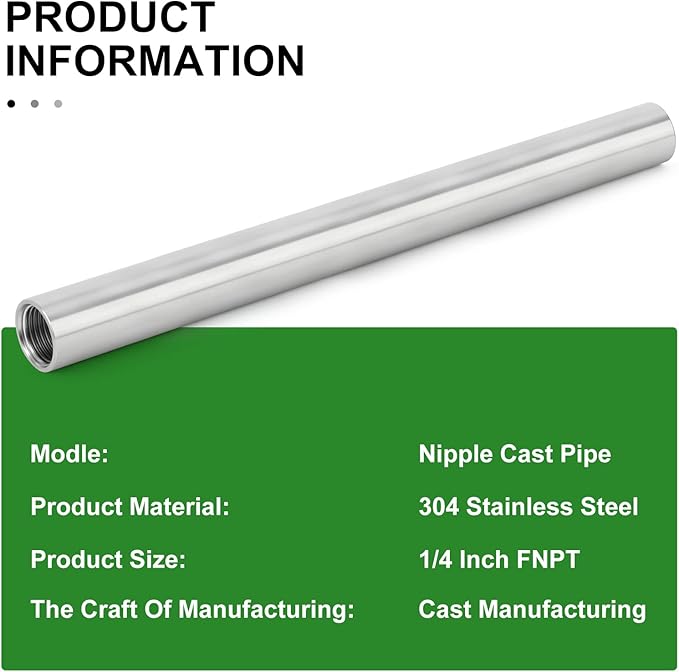 TAISHER 2PCS Stainless Steel Pipe Fittings, 1/4" NPT x 1/4" NPT Female Threaded, 12" Length Nipple Cast Pipe