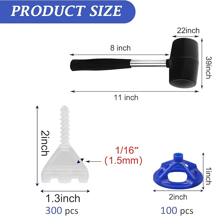 1/16'' Tile Leveling System with Rubber Mallet, 300 Pcs Tile Leveler Spacers Baseplates and 100 Pcs Reusable Caps, Tile Spacers Clips Kit for Professional Tile/Stone/Wall/Floor Installation