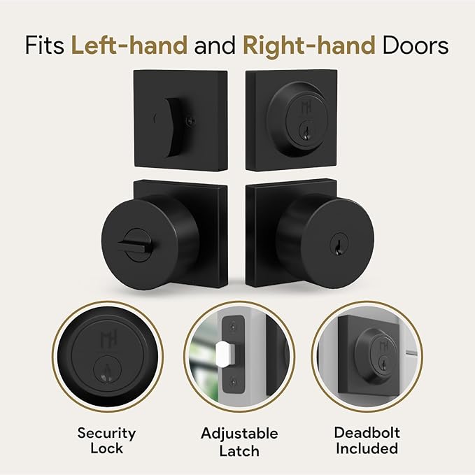 Mega Handles SUANA Entrance Combo, Door Knob and Cylinder Deadbolt and Key Combo, Heavy Duty Locking Door Knobs for Left or Right-Handed Doors – Matte Black