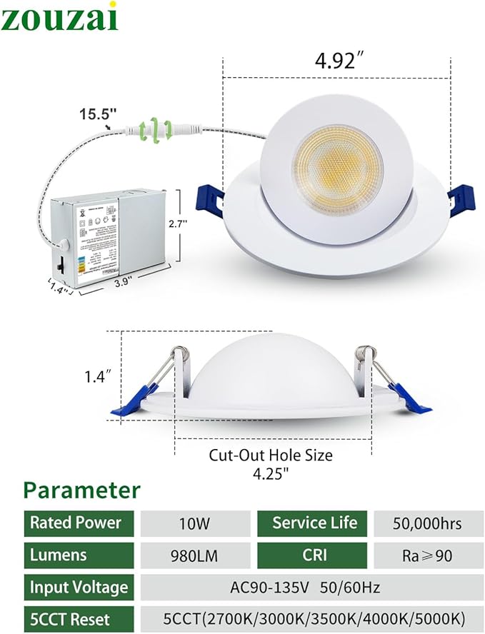 zouzai 4 inch 5CCT Gimbal Led Recessed Lights, 360°+90° Adjustable Directional Recessed Lighting, 2700K/3000K/3500K/4000K/5000K Dimmable Retrofit Eyeball Can Lights with Jbox, ETL(White, 6 Pack)