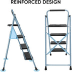 TICONN 4 Step Ladder, Heavy Duty Foldable Step Stool, Portable Steel Folding Stool for Household Garage Storage (Blue)