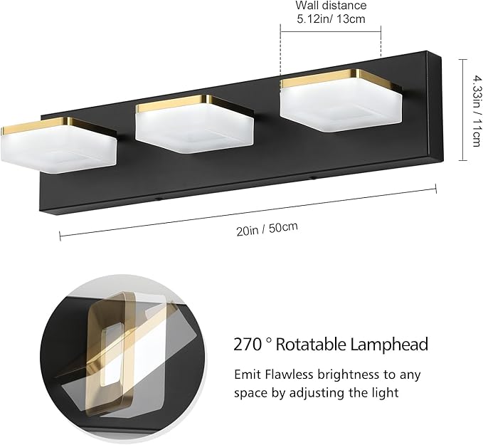 3 Light Bathroom Vanity Light - Modern Dimmable Black and Gold Bath Light Fixtures for Bathroom, 3 Lights Over Mirror, LED Wall Sconces, Daylight 5500K, Great for Makeup and Grooming