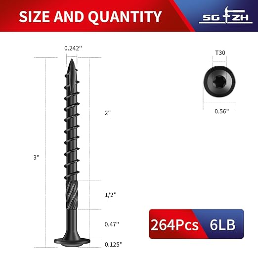 #14 x 3 Inch Lag Screws (264Pcs) 6lb. Structural Wood Screw, Black, Carbon Steel, Washer Head, Rust Resistant epoxy Coated, T30 Star Bit