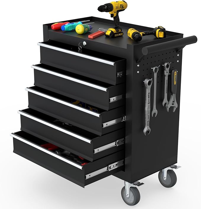 5-Drawer Rolling Tool Chest, Tool Box with 4 Wheels and Drawers, High Capacity Detachable Mobile Tool Storage Cabinet for Garage, Workshop, Mechanics and Repair Room (Black)