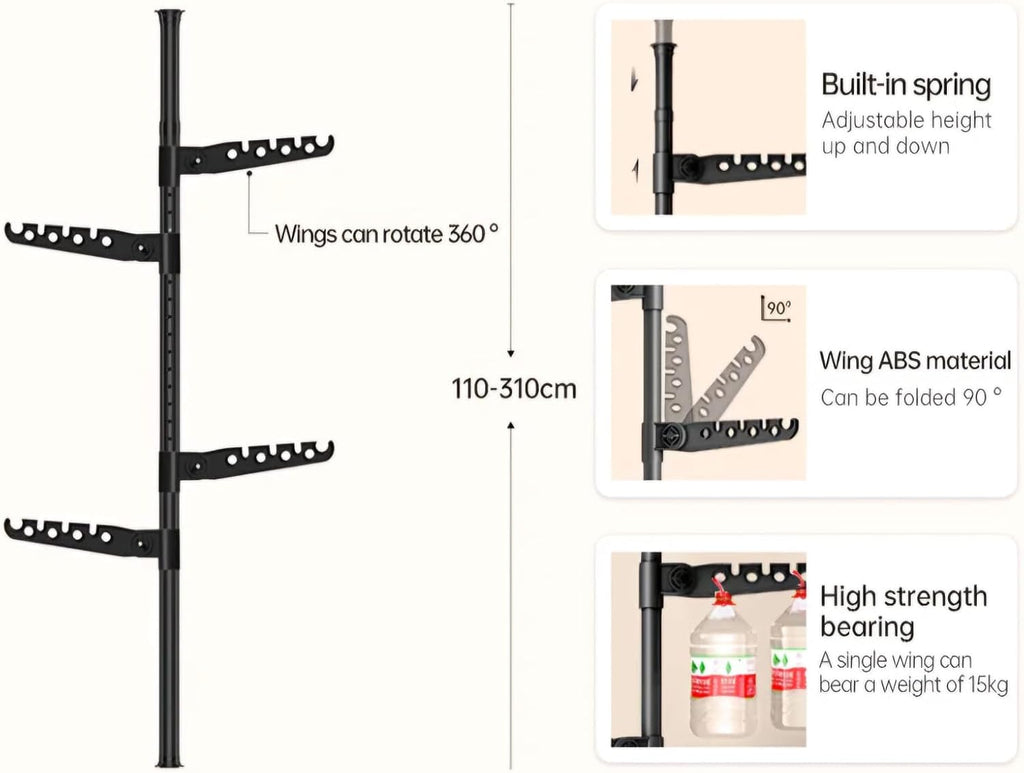 Telescopic Clothes Drying Rack, Floor to Ceiling, 4 Adjustable Arms, 360° Rotating, 43-122 inches, Black