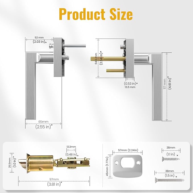 HOSOM Privacy Door Handles for Bedroom and Bathroom, Door Handle Interior Door Levers Keyless Reversible Square Door Locks, Satin Nickel, 1 Pack