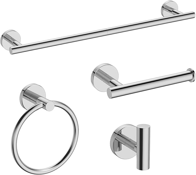 USHOWER Polished Chrome Bathroom Accessories Set, 24-Inch Towel Bar Set Wall Mounted, Durable SUS304 Stainless Steel Bathroom Hardware Set, 4-Piece