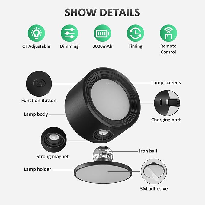 Lightbiz LED Wall Lights with Remote, Wall Mounted Sconces 3000mAh Rechargeable Battery Operated 3 Color Temperatures & Dimmable Magnetic Ball 360°Rotation Cordless Wall Light for Bedroom Bedside