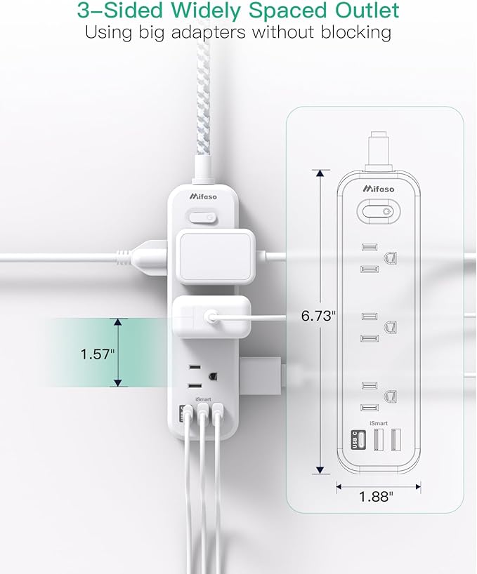 Mifaso Extension Cord, Surge Protector Power Strip, Long Extension Cord with 9 Outlets 3 USB Ports, Extension Cord with Multiple Outlets, USB Power Strip for Dorm Room Essentials, College(10FT, White)