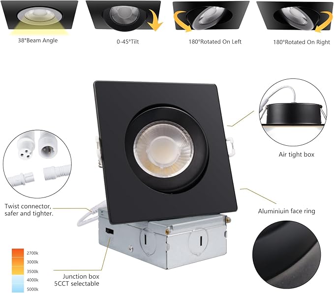 Black Recessed Lighting Square 4 inch 6 Pack,Canless Gimbal Recessed Lights,dimmable, 5CCT Selectable,9W 750LM