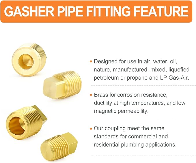 GASHER 20PCS Brass Plug Pipe Fitting Kit,1/4",3/8",1/8",1/2" NPT Male Square Head Plug