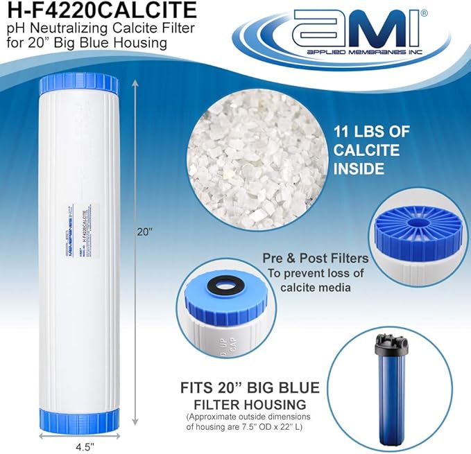 APPLIED MEMBRANES INC pH Neutralization Calcite Filter Cartridge to Raise Alkalinity of Low pH Water | 4.5"x20" Fits 20" Housing | H-F4220CALCITE