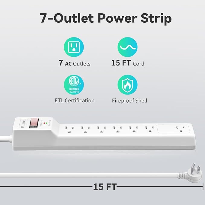 PLUGTUL Surge Protector 15FT (980 Joules), Flat Plug Power Strip, Extension Cord with Multiple Outlets, 7 Outlets, ETL Listed, 14 Gauge, Wall Mountable for Home Office Garage, White
