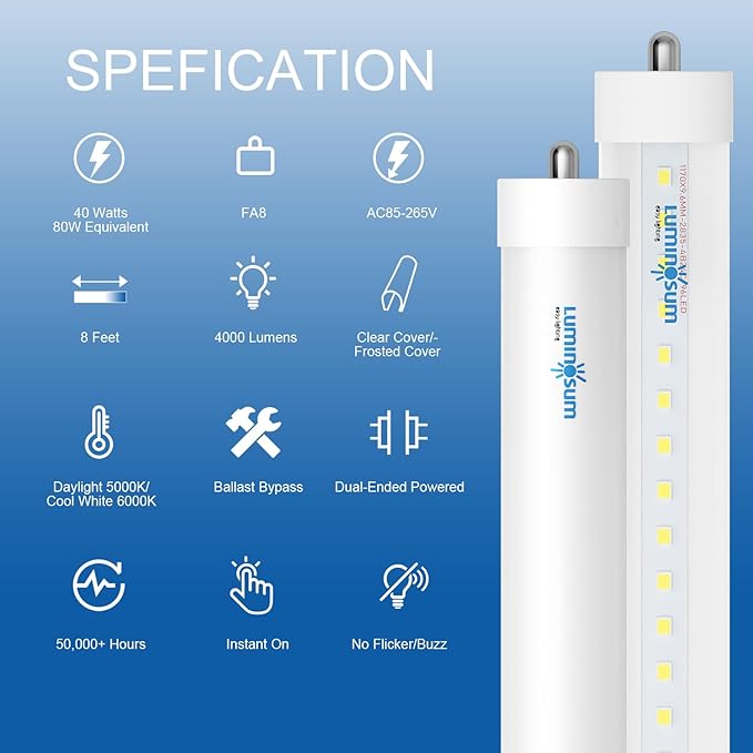 8ft T8 LED Bulbs 40W 80W Equivalent, 6000k Cool White 4000LM, FA8 Single Pin Tube Light, Dual-End Power Ballast Bypass, T8 T10 T12 Fluorescent Replacement, Clear Cover ETL Listed, 20-Pack