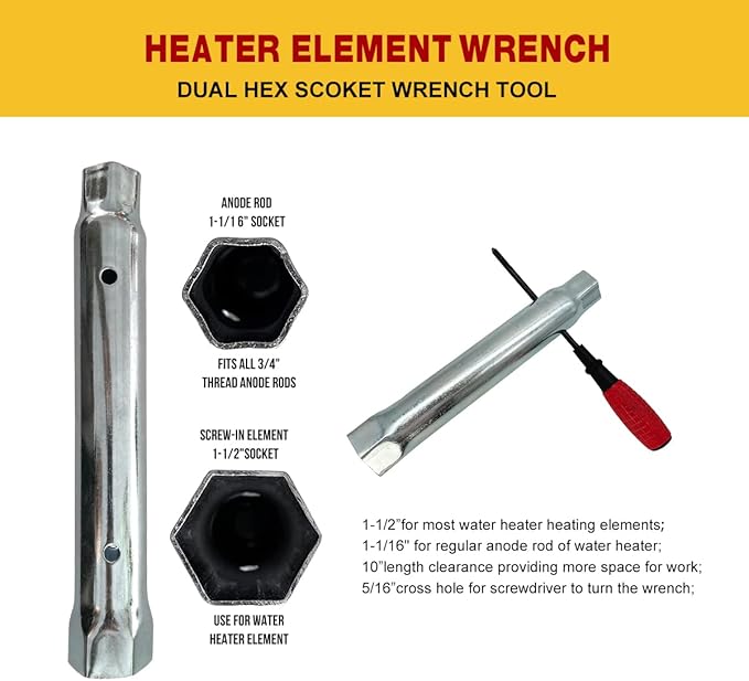 EWH-05 Electric Water Heater Element Kit,Include TWO 4500W/240V Water Heater Elements,Lower Thermostat & Upper Thermostat,Quick Change Tool,Two Protective Covers and Wrench Replacing Tools