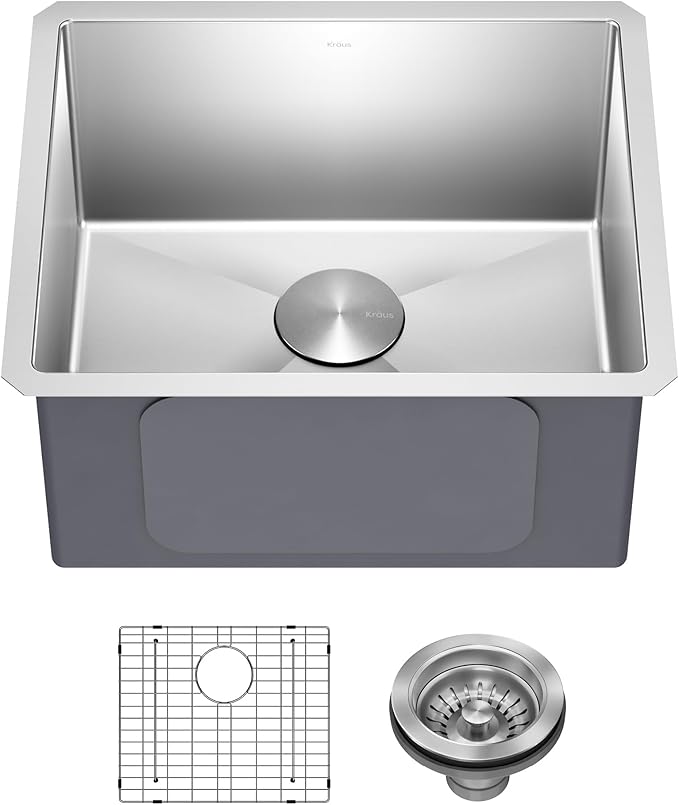 Kraus KHU101-21 Standart PRO 16 Gauge Undermount Single Bowl Set (4 Item Bundle: Sink, Bottom Grid, Drain Assembly, Kitchen Towel), 21 Inch, Stainless Steel