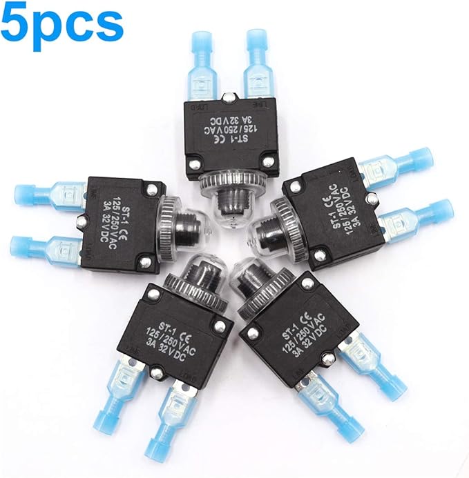 mxuteuk 5Pcs 3Amp Circuit Breakers Push Button Manual Reset 125/250V AC 32V DC,Overload Protector Switch Thermal Circuit Breakers with Quick Connect Terminals and Waterproof Button Caps ST1-5-3A