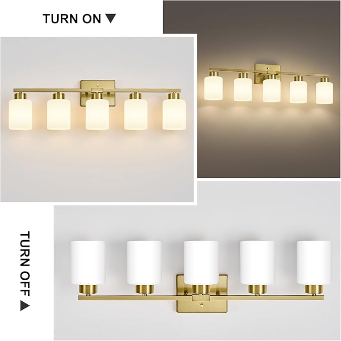 Brushed Gold Bathroom Light Fixtures, 5-Light Modern Vanity Light Over Mirror, Wall Sconces with Milky White Frosted Glass Shades, E26 Socket (Bulbs Not Included)