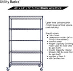 48"x24"x72" Black 5-Tier Premium Wire Shelving NSF 4000 LBS MAX Capacity Heavy Duty Steel Storage Rack for Warehouses, Garages, Hospitals, Commercial Spaces, & Schools w/Premium Wheels