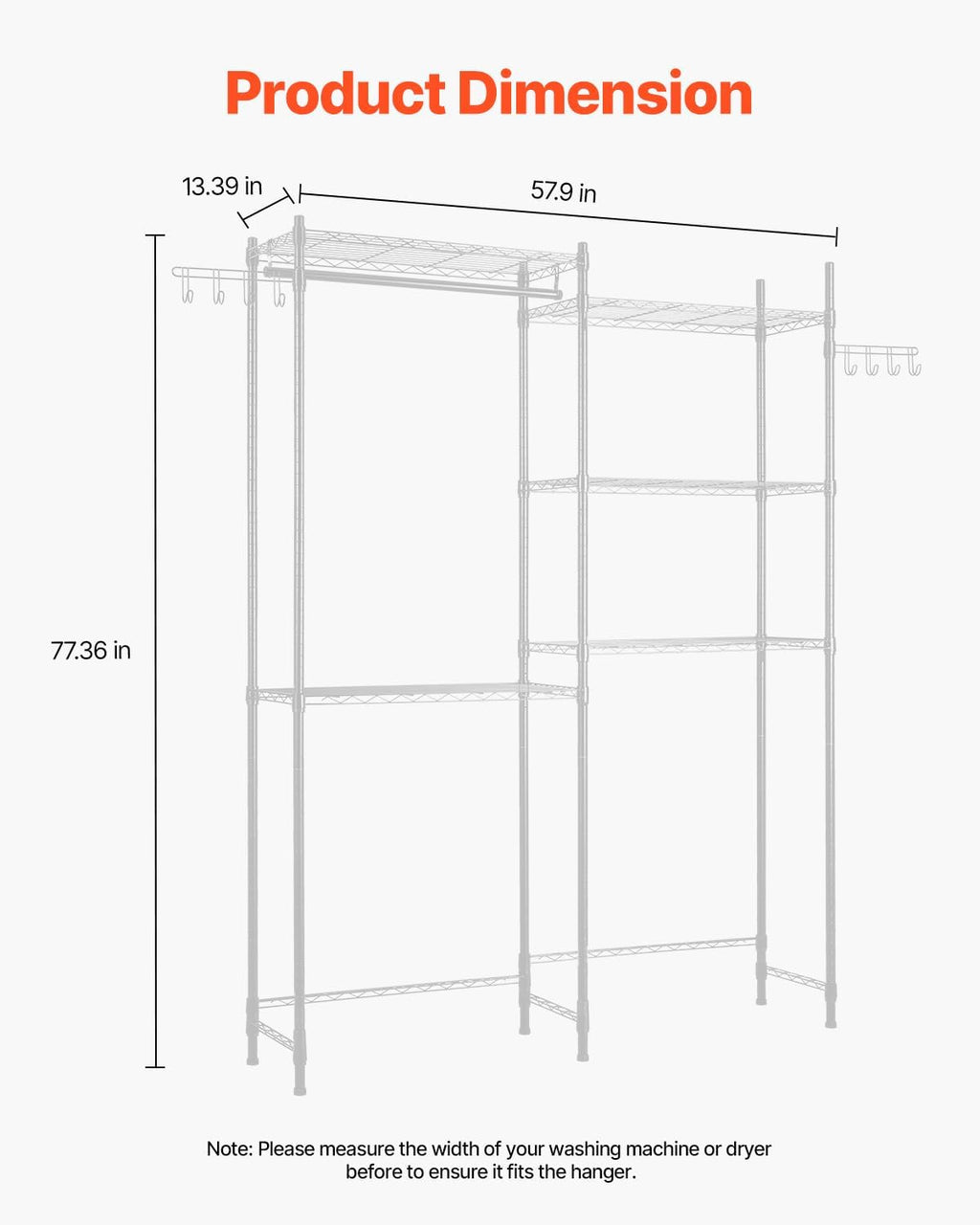 VEVOR Over The Washer and Dryer Storage Shelf, 5 Tier Laundry Room Drying Rack with Hanger Rod and Hooks, Adjustable Over Washer and Dryer Shelves, Laundry Room Shelf Storage Space Saver, White
