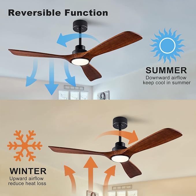 52" Wood Ceiling Fan with Lights Remote Control,Quiet DC Motor 3 Blade Ceiling Fans for Patio Living Room, Bedroom, Office,Indoor Outdoor(Black+Dark Walnut)