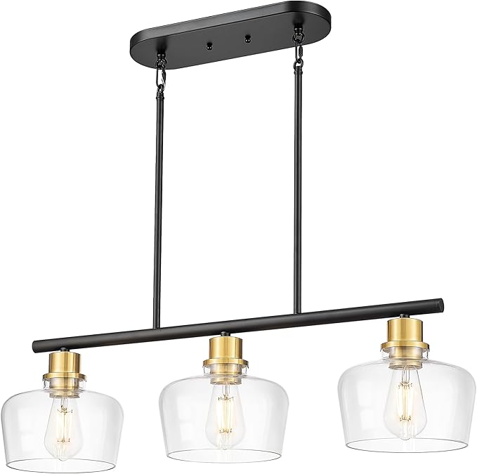 Emak Black and Gold Dining Room Light Fixture, Modern 32 Inch Kitchen Island Lighting with Clear Glass Shade, Farmhouse 3-Light Kitchen Pendant Lighting Over Island, Table, IL122-BKBGD-CG-3