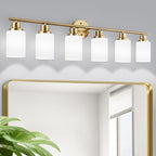 6-Light Vanity Lights, Brushed Gold Bathroom Light Fixture with Striped Textured Milky White Glass Shade, E26 Wall Sconce, Modern Vanity Lighting Fixture for Bathroom Wall Light Over Mirror