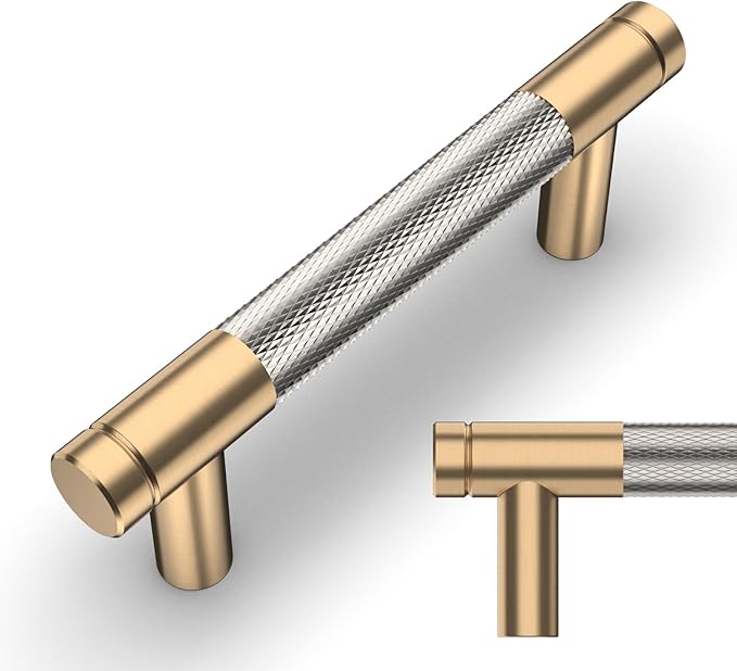 Amerdeco 10 Pack Champagne Bronze and Brushed Nickel Knurled Cabinet Pulls 3 Inch Hole Center to Hole Center Kitchen Cabinet Handles for Drawer Dresser, Cupboard and Wardrobe ZH0040