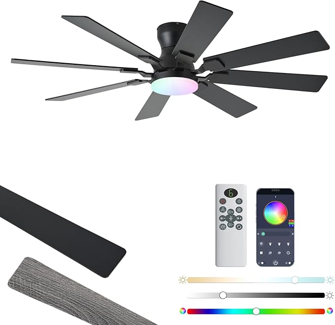 52 inch Ceiling Fan with Light, 6 Speeds Reversible Low Profile Ceiling Fan with Light and Remote/APP Control, 3 Color Temp+Dimmable RGB, 8 Blades, Flush Mount Quiet Ceiling Fans, Black