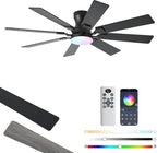 52 inch Ceiling Fan with Light, 6 Speeds Reversible Low Profile Ceiling Fan with Light and Remote/APP Control, 3 Color Temp+Dimmable RGB, 8 Blades, Flush Mount Quiet Ceiling Fans, Black