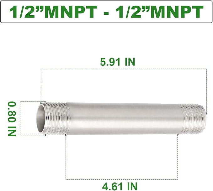 TAISHER 2Pcs Stainless Steel Pipe Fittings, 1/2" NPT x 1/2" NPT Male Threaded, 6" Length Nipple Cast Pipe