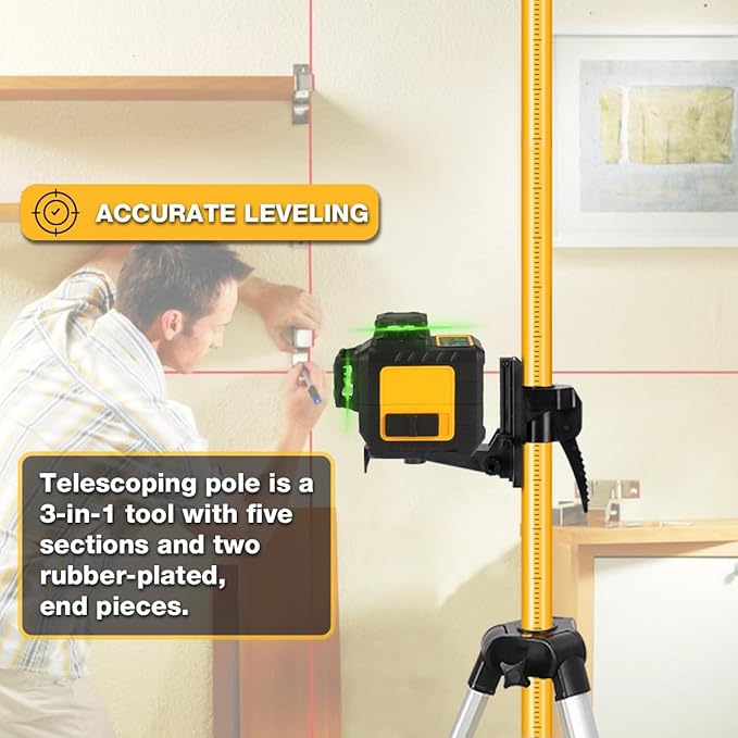 MOETER Telescoping Laser Level Pole Kit - 12Ft./3.6M Adjustable Pole with Tripod, Spring-Loaded Base & Mount for Rotary/Line Lasers (1/4"-20 & 5/8"-11 Adapters)