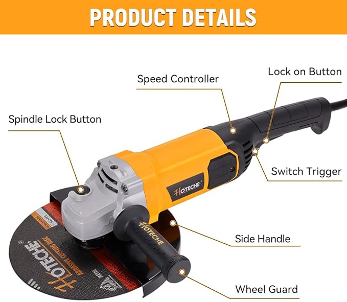 Hoteche 9-Inch Angle Grinder 3-HP Grinding and Cutting Tool Fits 7/8" Hole Size Wheels with Rotatable Handle and Lock-On Switch