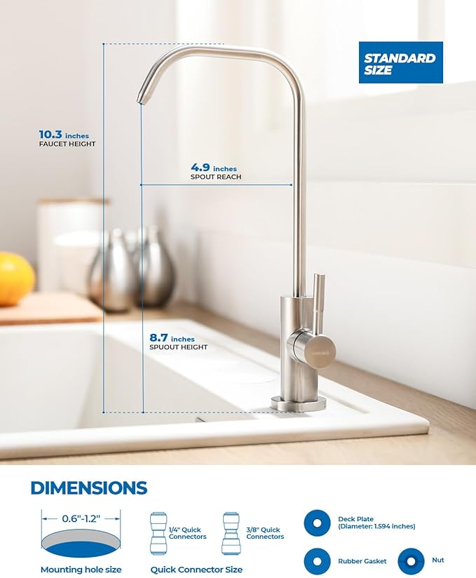 WEWE Drinking Water Faucet, Lead-Free Kitchen Water Filter Faucet for Reverse Osmosis or Water Filtration System, RO Faucet, Brushed Nickel