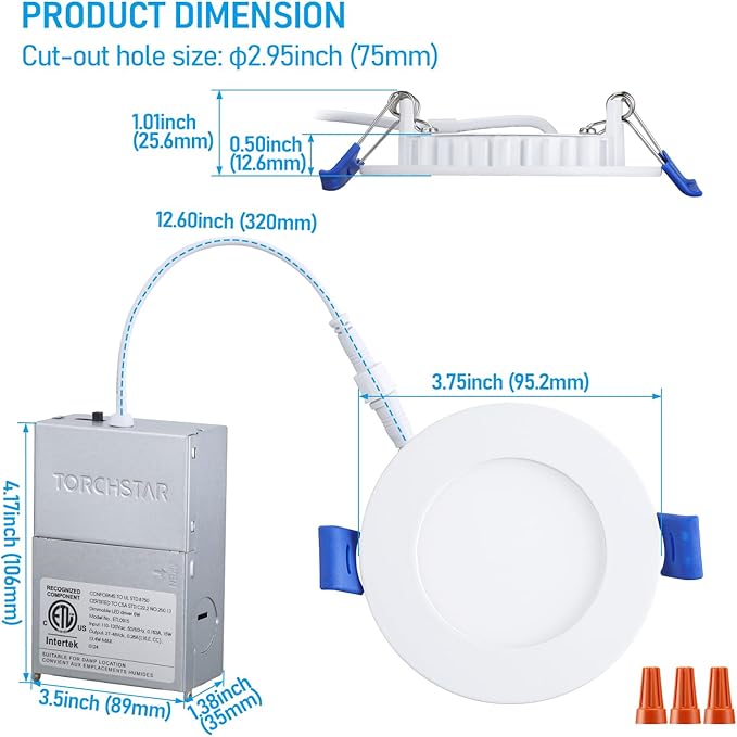 TORCHSTAR Basic Series 12-Pack 5CCT 3 Inch Ultra-Thin LED Recessed Lighting with J Box, CRI90, Aluminum, 2700K3000K3500K4000K5000K, 5%-100% Dimmable Slim Recessed Downlight, 6W 450LM, ETL & ES